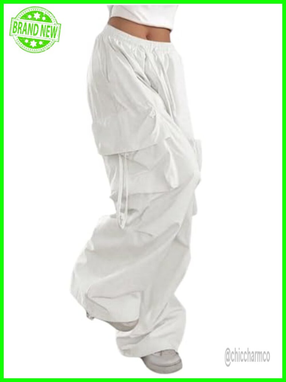 Wide Leg Parachute Cargo Pants High Rise Drawstring Waist Pull On